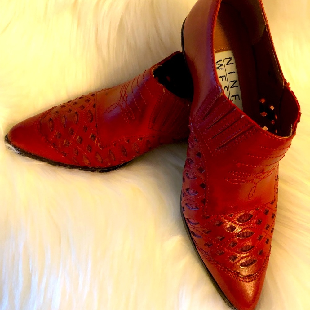 Red, leather, ankle slip on boot